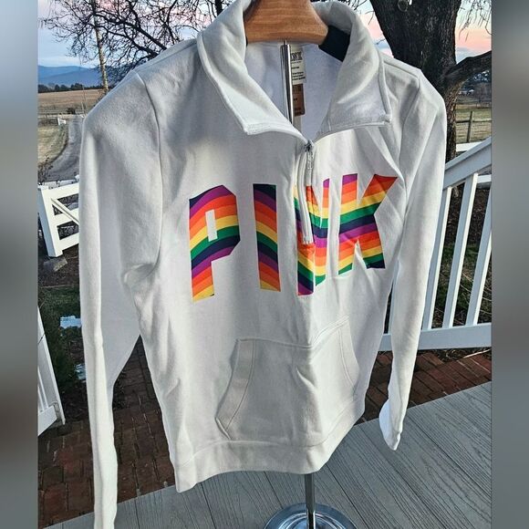 PINK Everyday Lounge Perfect Quarter Zip Classic Pullover OPTIC WHITE PRIDE MED. - Picture 8 of 16